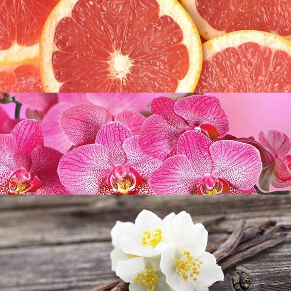 Collage of grapefruit slices, pink orchids, and white blossoms on a rustic wooden surface.