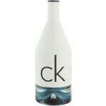 White Calvin Klein perfume bottle with a minimalist 'ck' logo and blue-tinted liquid at the base.
