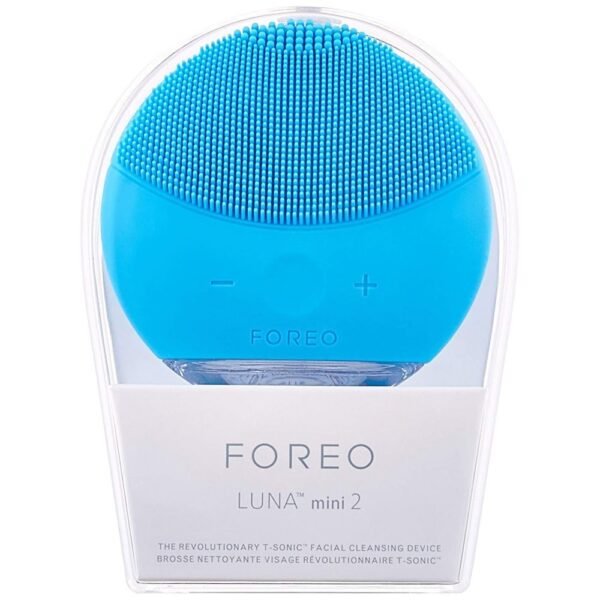 Blue FOREO LUNA mini 2 silicone facial cleansing device in clear packaging, ready to use for skincare cleansing