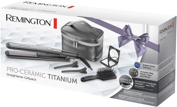  BEAUTÉNIUM Remington Pro Ceramic Titanium hair straightener gift pack with included accessories brush clips bag on a white gift box presentation