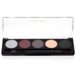 Eyeshadow palette with five circular pans (silver, mauve, gray, peach, and black) and a built-in applicator housed in a black case with a clear lid open above.
