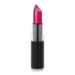 Pink lipstick in a black tube with a silver collar, standing upright against a white background.