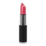 Pink lipstick bullet in a black case against a white background.