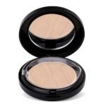 Compact makeup powder in a black case with mirror open, showing pressed powder with geometric lines