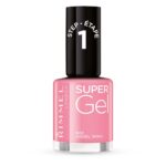 Pink Rimmel London Super Gel nail polish bottle in shade 022 Angel Wing, with a black cap and glossy finish on the label.