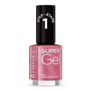 Rimmel London Super Gel nail polish bottle in pink shade, labeled 023 Grape Sorbet, Step 1 cap visible