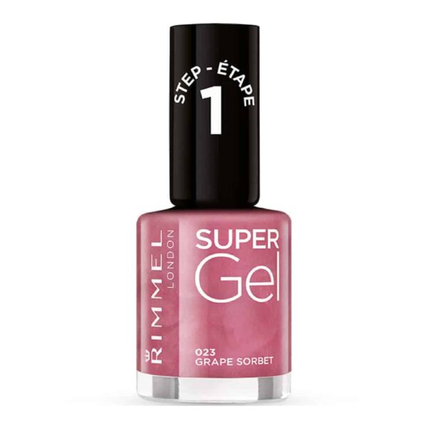 Rimmel London Super Gel nail polish bottle in pink shade, labeled 023 Grape Sorbet, Step 1 cap visible