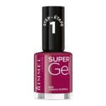 Rimmel London Super Gel nail polish in Urban Purple (025), bottle shown with black cap and step 1 label on top