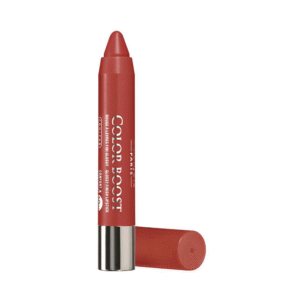 Red lipstick bullet standing upright with cap removed, showing the product labeled Color Boost Rouge Lip Gloss/H lipstick