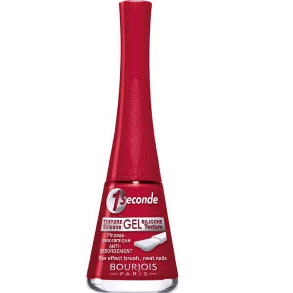 3052503531106-1jpg Red Bourjois Paris 1 Seconde gel nail polish bottle with a tall curved cap, standing upright on a white background, label visible.