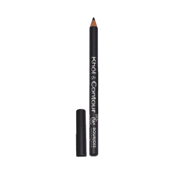 Black cosmetic pencil with cap removed, showing brown tip and 'Khol & Contour' Bourjois Paris label