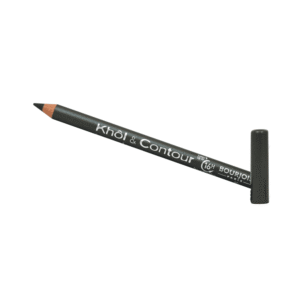 Black kohl eyeliner pencil labeled 'Khol & Contour' with sharpened tip and cap at the end (Bourjois Paris).