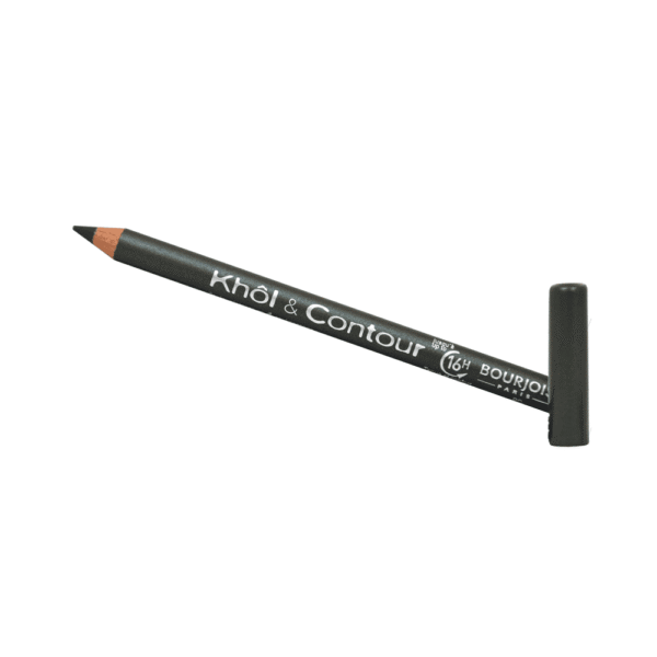 Black kohl eyeliner pencil labeled 'Khol & Contour' with sharpened tip and cap at the end (Bourjois Paris).