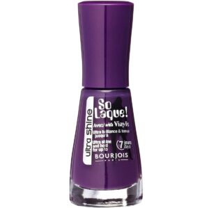 Purple Bourjois So Laque! nail polish bottle with a tall purple cap and white label on a clear glass base.