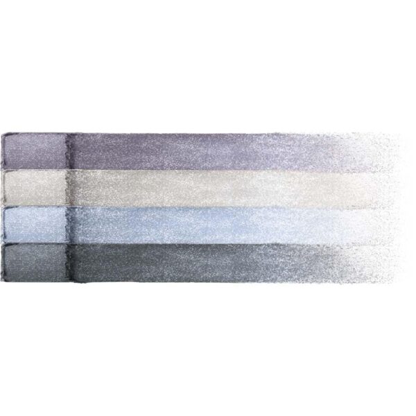 Four horizontal chalky color swatches (purple, beige, pale blue, dark gray) fading toward the right.