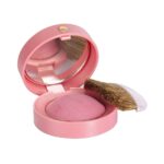 Pink circular makeup compact with mirror, containing pink powder and a small brush.