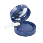  BEAUTÉNIUM Open blue round makeup compact with mirror containing shimmery blue eyeshadow and a small applicator brush
