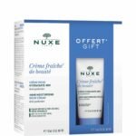 NUXE Paris gift set packaging showing Crème Fraîche de Beauté 48H moisturizing cream and a sample tube in a blue display box.
