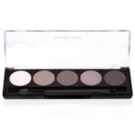 Five neutral eyeshadow pans in a black rectangular palette with a small applicator brush included.