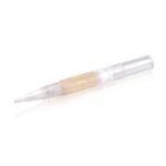 Syringe with a clear barrel containing beige liquid, resting on a white background.