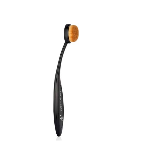 Black curved makeup brush with dense orange bristles, designed for applying foundation or base makeup