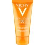 Orange Vichy Ideal Soleil SPF 50 sunscreen tube labeled haute protection, high protection sun lotion