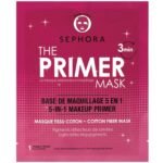 Sephora 'The Primer Mask' packaging in bright pink, 5-in-1 makeup primer mask with dotted pattern and '3 min' icon