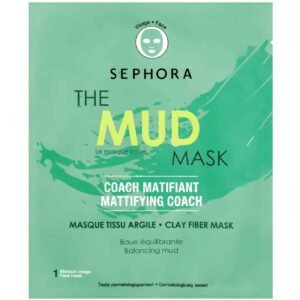 Sephora mud mask packaging on a teal-green background with large yellow 'MUD' text and 'THE' beside it.