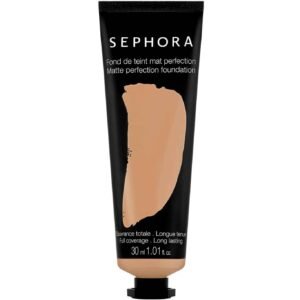 Sephora Matte Perfection Foundation tube with a beige foundation swatch on a black container, showing 30 ml (1.01 fl oz).
