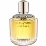 Elie Saab Girl of Now perfume bottle with gold cap and blue petal detail, yellow fragrance inside.
