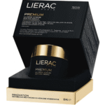 Lierac Paris Premium anti-aging cream in a black jar with a gold lid inside an open black box with gold base box below.