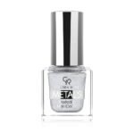 A square glass bottle of silver metallic nail polish with a tall black cap, labeled 'METALS' and 'Metallic Nail Color'.