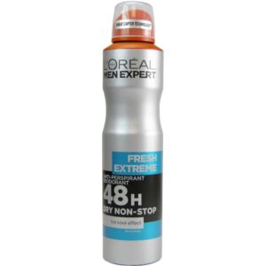 L'Oreal Men Expert Fresh Extreme anti-perspirant deodorant spray can with 48h dry non-stop label and blue accents.