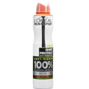 A can of L’Oréal Men Expert Shirt Protect antiperspirant spray with a black label and green accents, promoting 100% anti-marks for shirts.