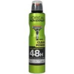 L’Oréal Men Expert Clean Power 48h anti-perspirant spray for grooming underarms.