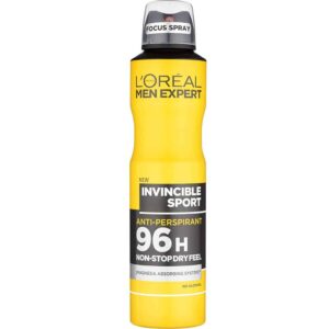 L’Oréal Men Expert Invincible Sport anti-perspirant spray bottle with yellow and black packaging showing 96H protection