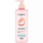L'Oreal Paris pink cleansing milk bottle with label 'Lait Démaquillant Fleurs Rares', 400 ml carton on white background