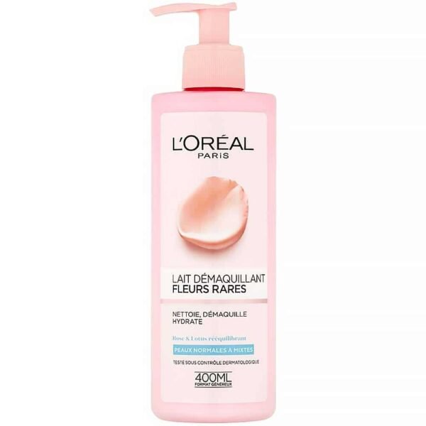 L'Oreal Paris pink cleansing milk bottle with label 'Lait Démaquillant Fleurs Rares', 400 ml carton on white background