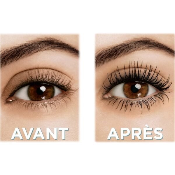 Split-image close-up of a brown eye with natural lashes (avant) on the left and enhanced lashes (après) on the right, showing a lash lift or mascara effect.