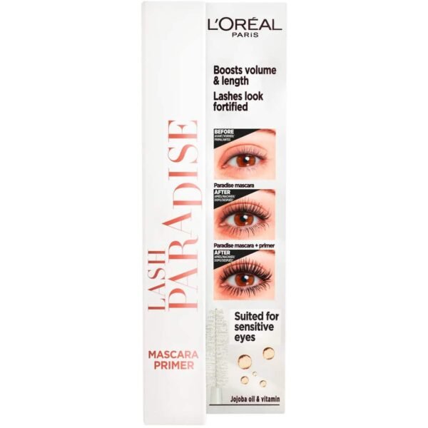 L’Oréal Paris Lash Paradise mascara packaging with vertical pink ‘LASH PARADISE’ text and step-by-step eye images on the right panel.