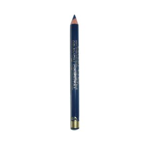 Blue cosmetic eyeliner pencil with gold lettering standing upright on a white background.