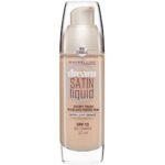 Maybelline Dream Satin Liquid foundation bottle with pump, beige shade and SPF 13 label visible
