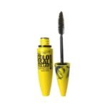 Yellow Maybelline The Colossal Volum' Express mascara bottle with black brush wand beside it.