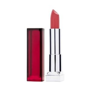 Lipstick with red bullet in a shiny silver tube beside a burgundy cap, shown against a white background, product photo