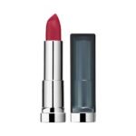 Red lipstick in a shiny silver tube with the cap standing nearby on a white background