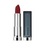 Lipstick with red bullet in a shiny silver tube beside a blue-gray cap, posed upright for a product photo.
