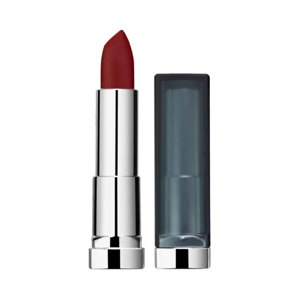 3600531224509-5-1jpg Lipstick with red bullet in a shiny silver tube beside a blue-gray cap, posed upright for a product photo.