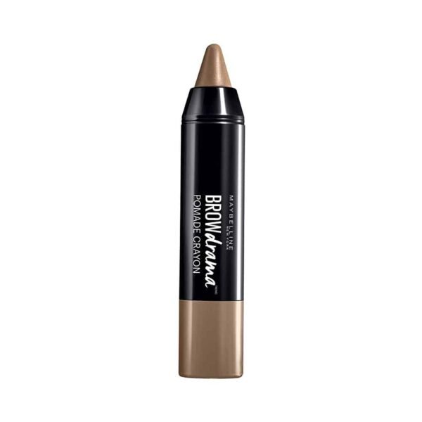 3600531312695-2-3-1jpg Maybelline Brow Drama pomade crayon for brows in a black tube with a bronze cap and white branding on the side.