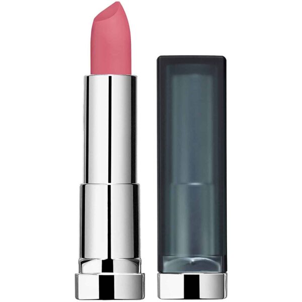Close-up of a pink lipstick in a shiny chrome tube with a dark cap beside it on a white background.