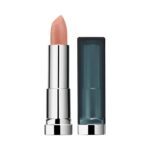 Beige lipstick in a silver metallic tube next to a dark teal cap, displayed upright against a white background.